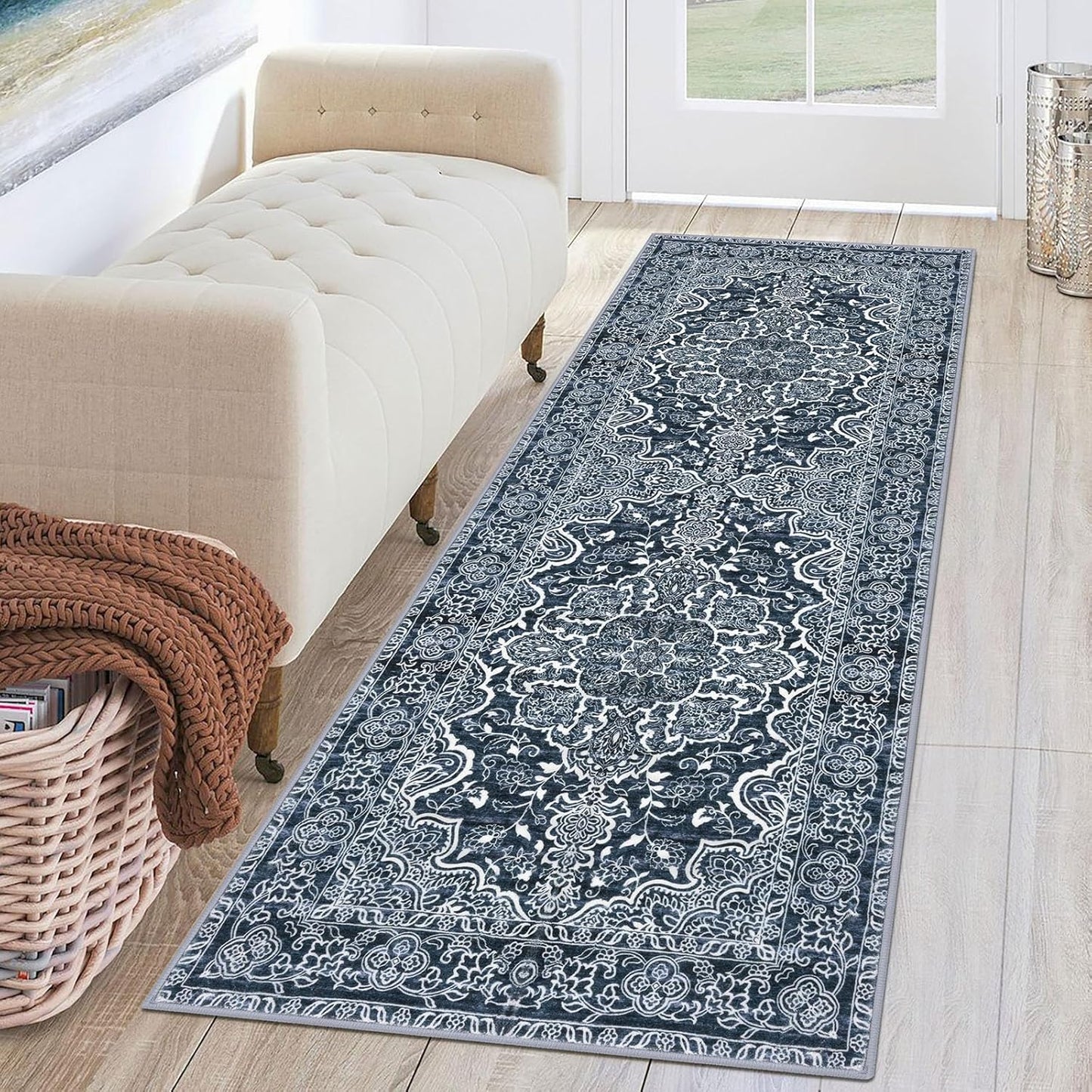 KUTA Vintage Washable Runner Rug 2x6 Navy Blue for Hallways