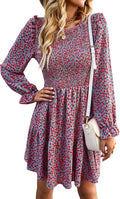 Long Sleeve Smocked Floral A-Line Mini Dress - Flowy Fit & Ruffle Size