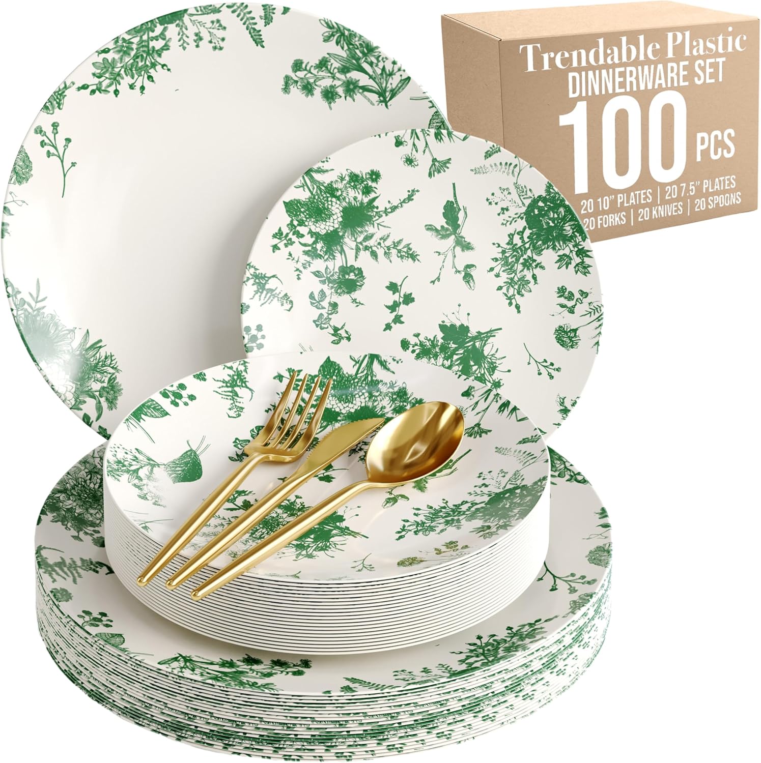 Fancy Plastic Dinnerware Sets for 20 Guests with Gold Cutlery