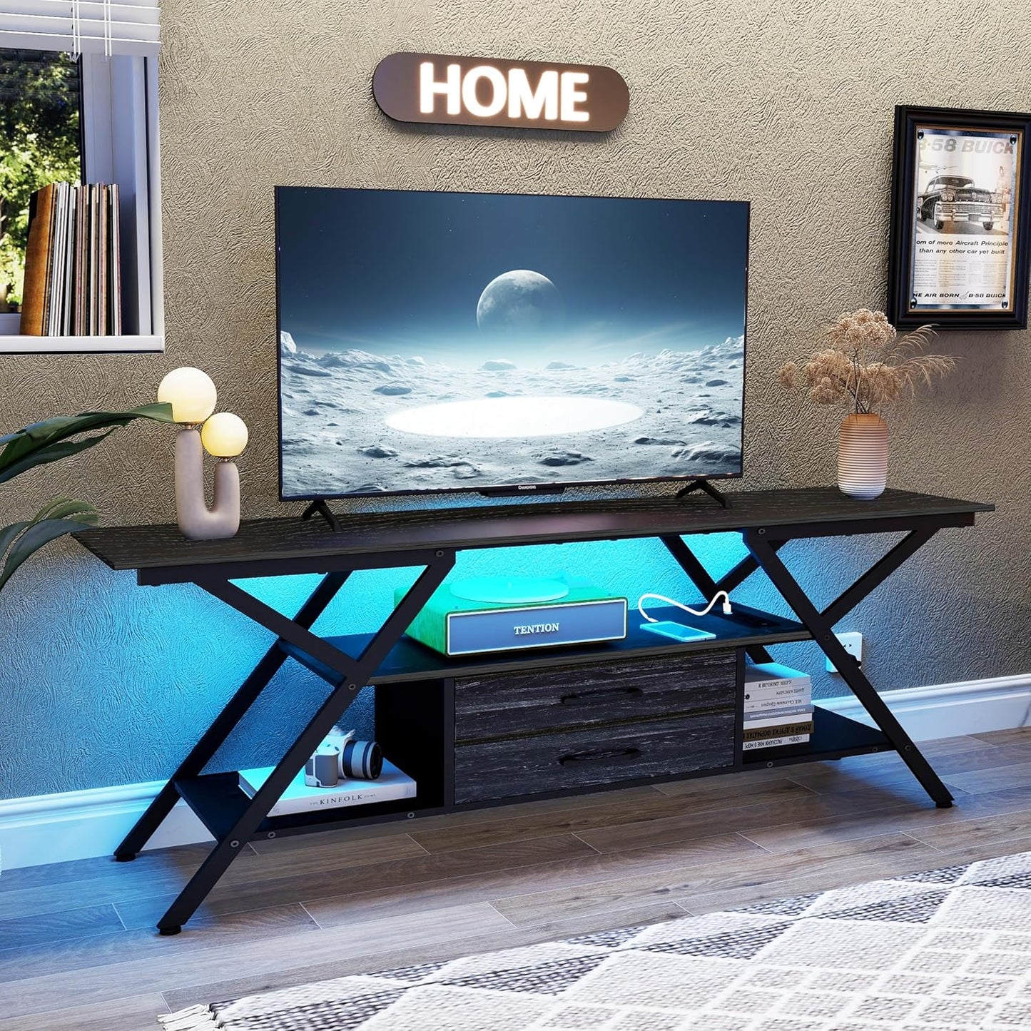 55 TV Stand: Power Outlet, LED, 2 Drawers, Charcoal Black