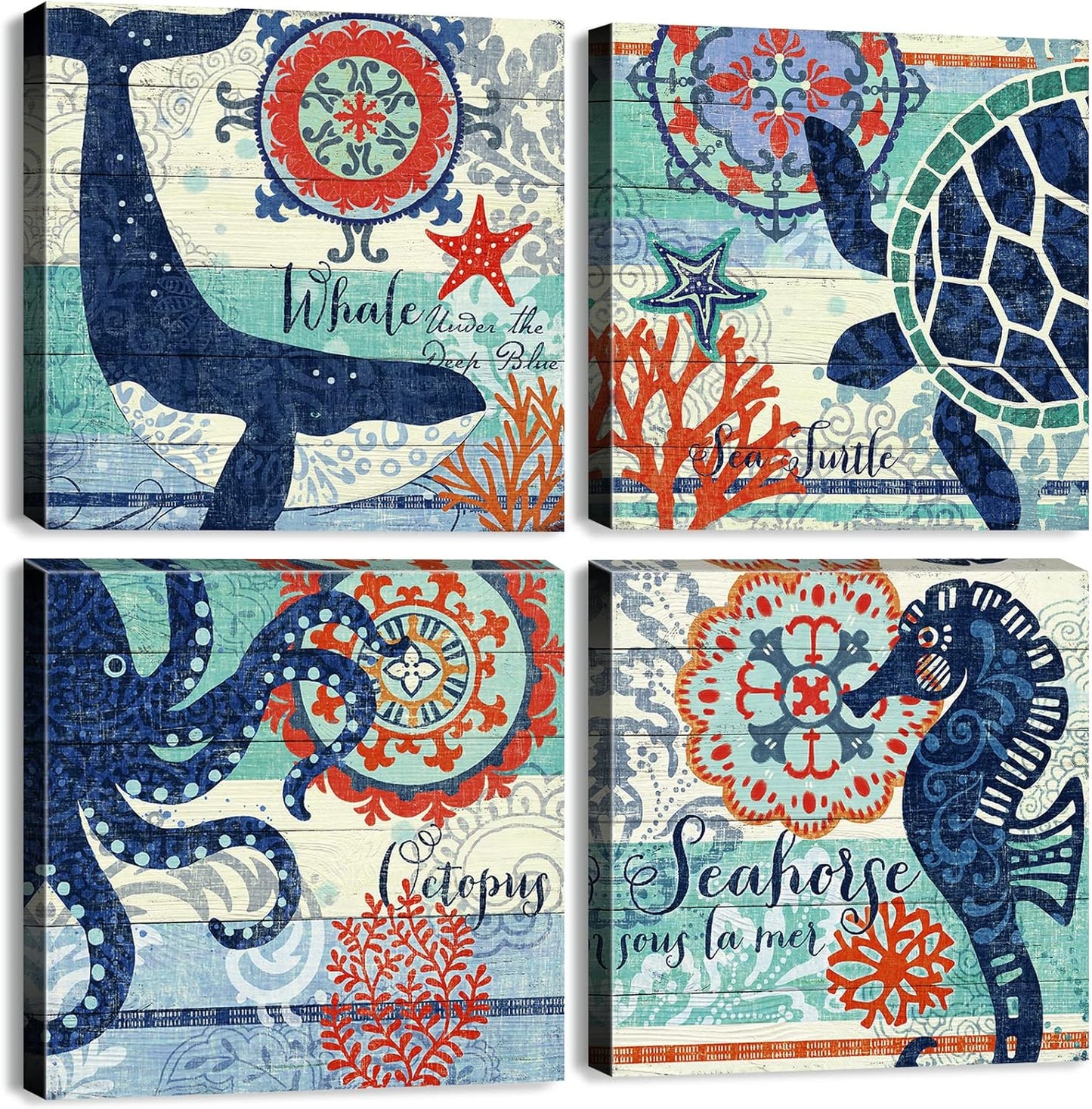 Nautical Wall Art Boho Bathroom Decor with Sea Animals Canvas