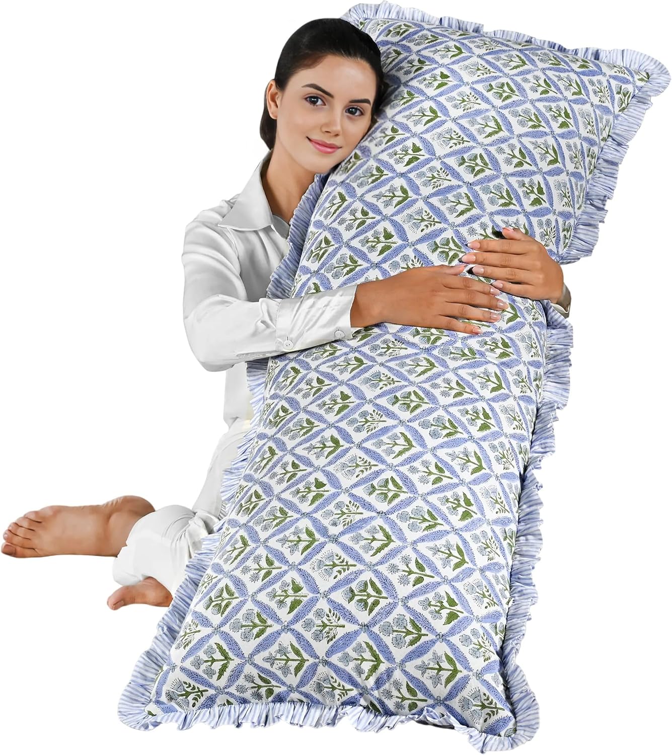 Ridhi Light Steel Blue Cotton Block Print Ruffle Lumbar Sham Cover