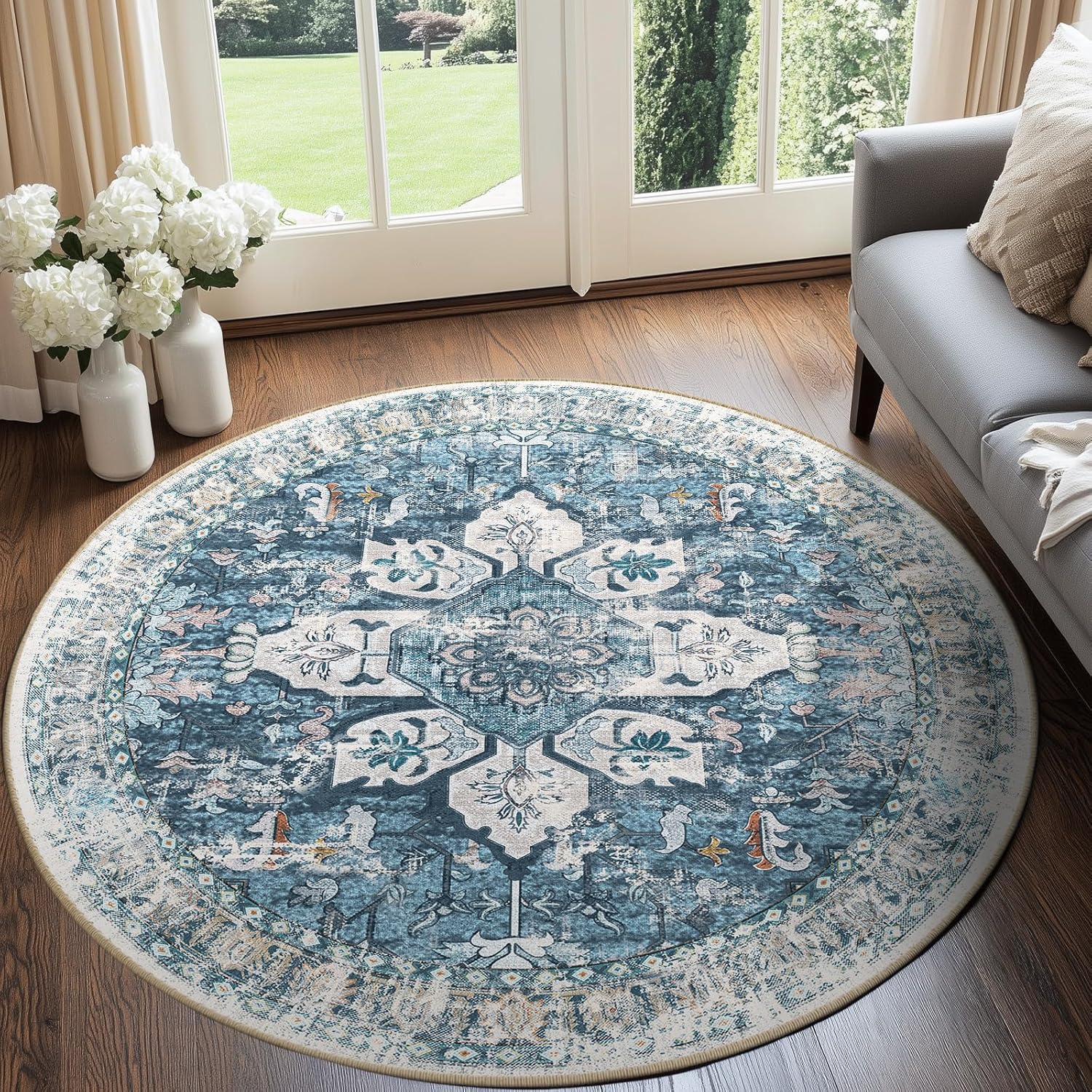 6ft Washable Area Rug for Living Room, Vintage Non-Slip Carpet