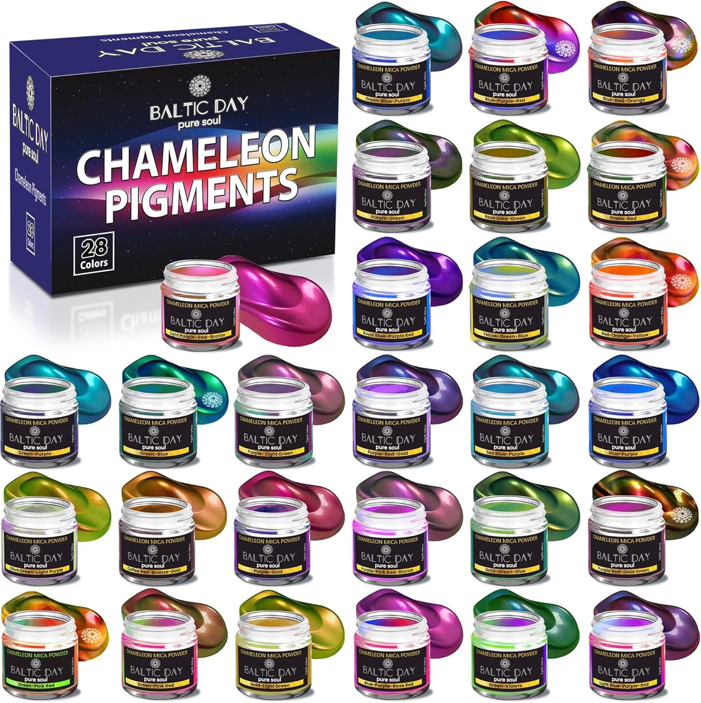 Chameleon Mica Powder Set - 28 Color Shift Pigments for Art