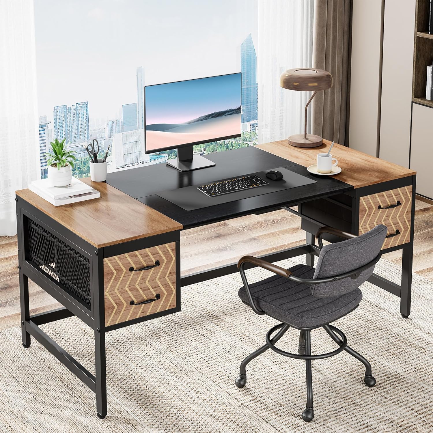 Tribesigns 63 Executive Desk: 4 Drawers, Farmhouse Style