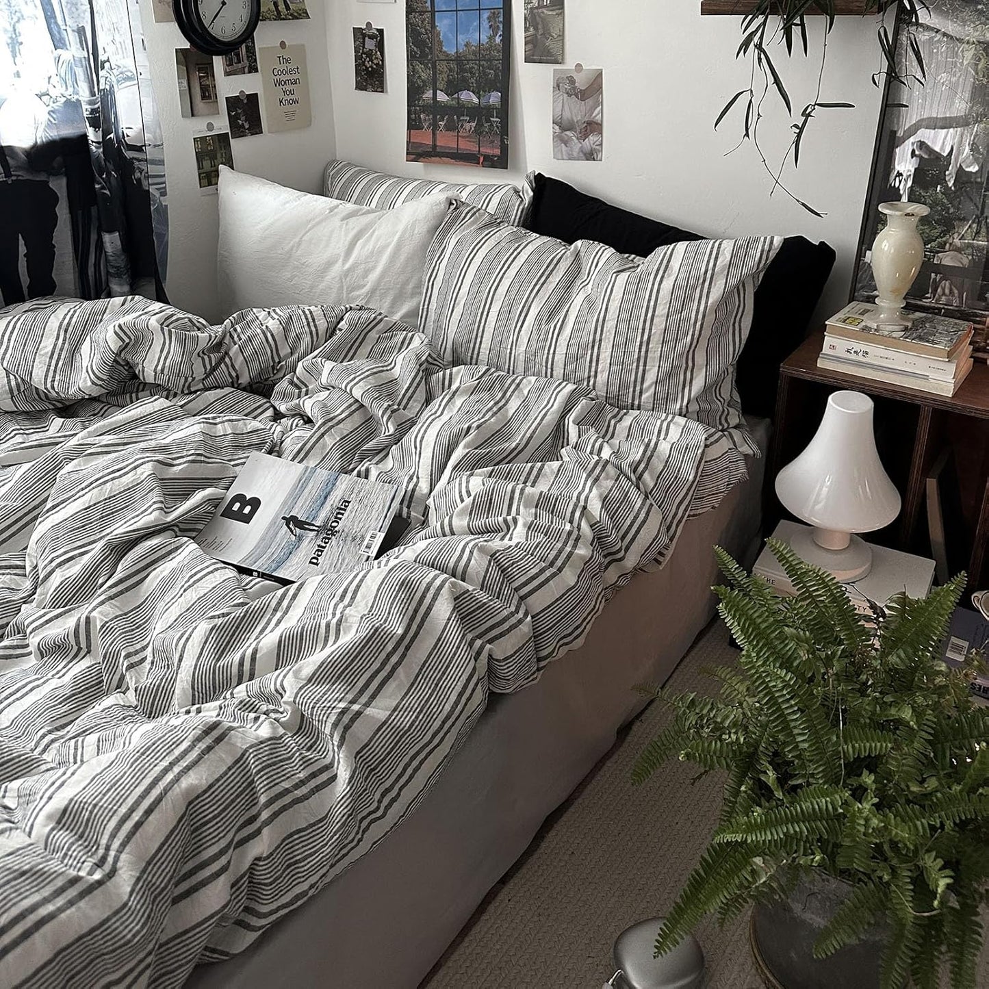 Vintage Gray & White Striped Duvet Cover Set for Twin XL Bedding
