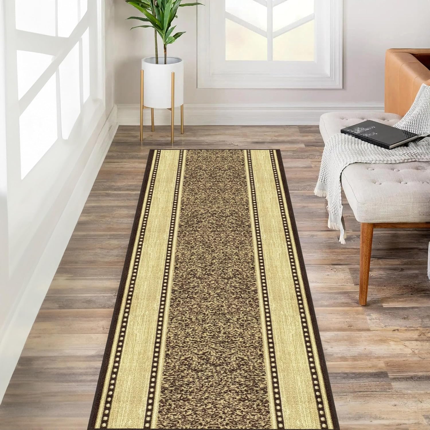 Kapaqua Custom Size Brown Gold Beige Bordered Non-Slip Rug