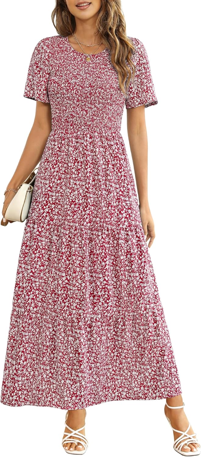 Maggeer Womens Smocked Wedding Guest Maxi Dress for Summer