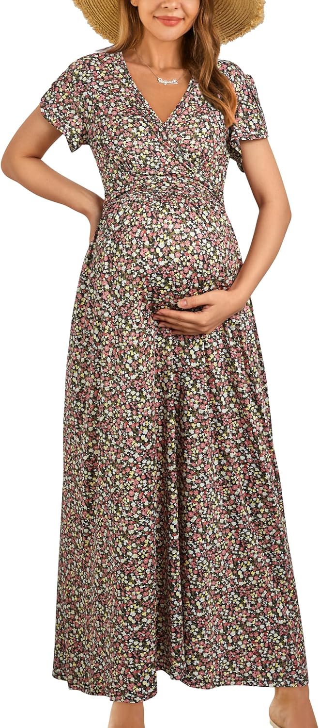 OUGES Maternity Maxi Dress Wrap V Neck for Baby Shower Events