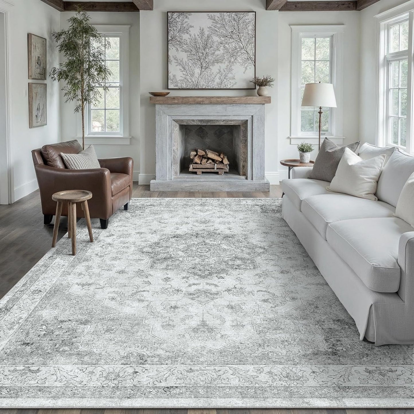 Grey Area Rug 8x10 Washable Vintage Carpet for Living Room