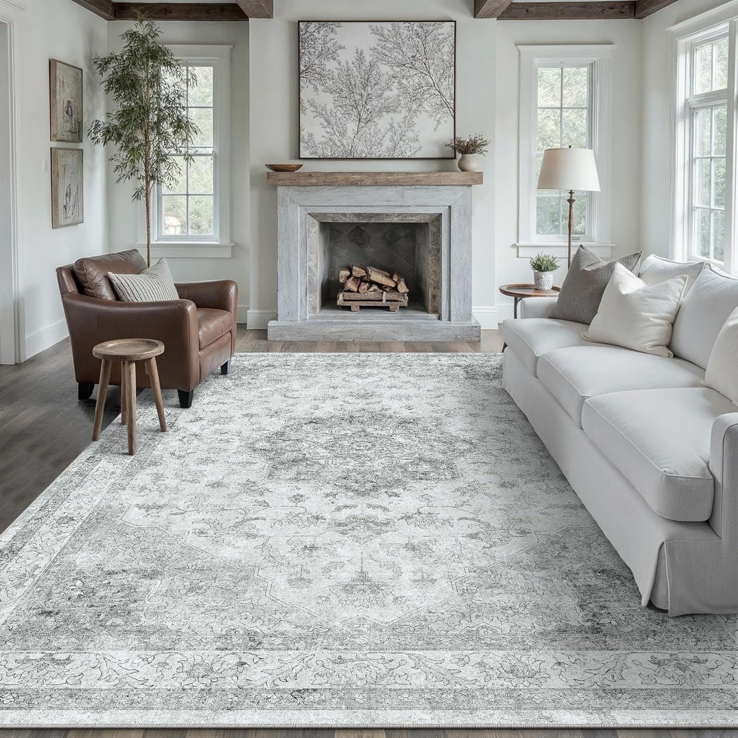 Grey Area Rug 8x10 Washable Vintage Carpet for Living Room