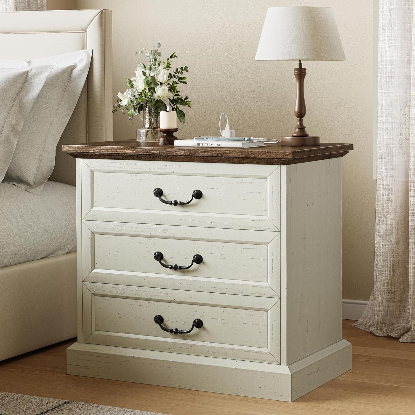 Huuger Nightstand with Charging Station and 3 Drawers for Bedroom