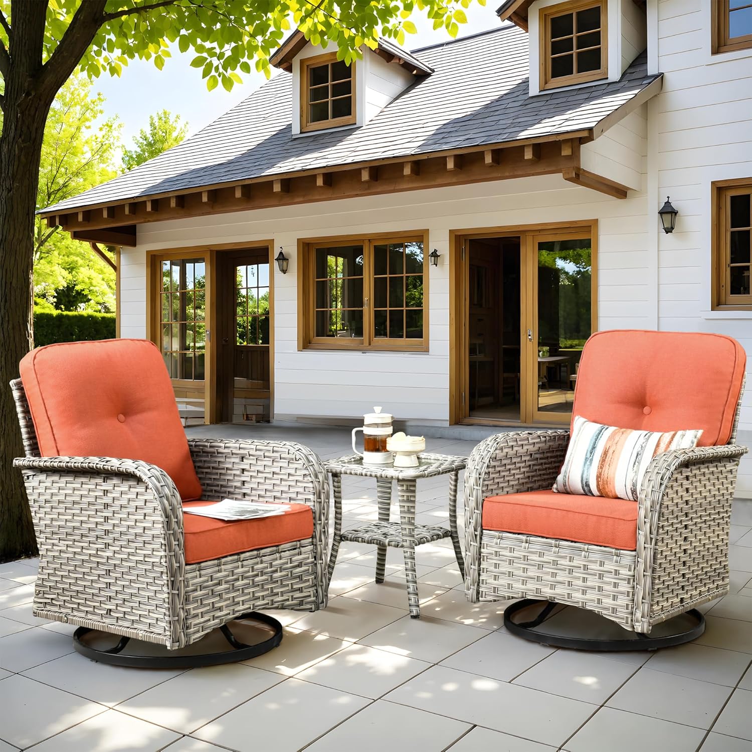 Set of 2 Red Swivel Rocking Chairs w/ Side Table