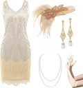 BABEYOND Womens Flapper Dresses Set 1920s V Neck Beaded Fringed Sets