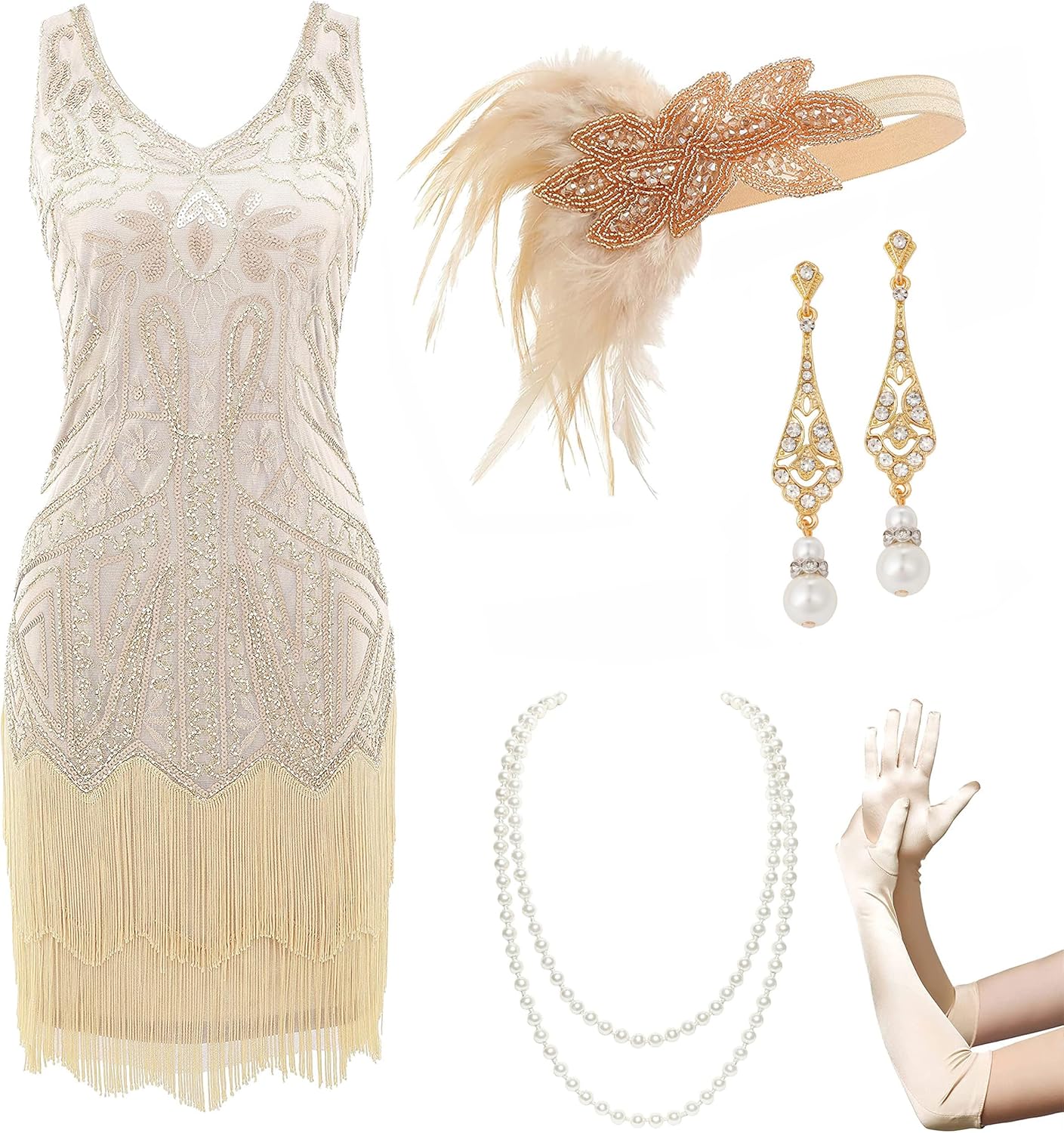 1920s V Neck Beaded Fringed Flapper Dress with Accessories Set