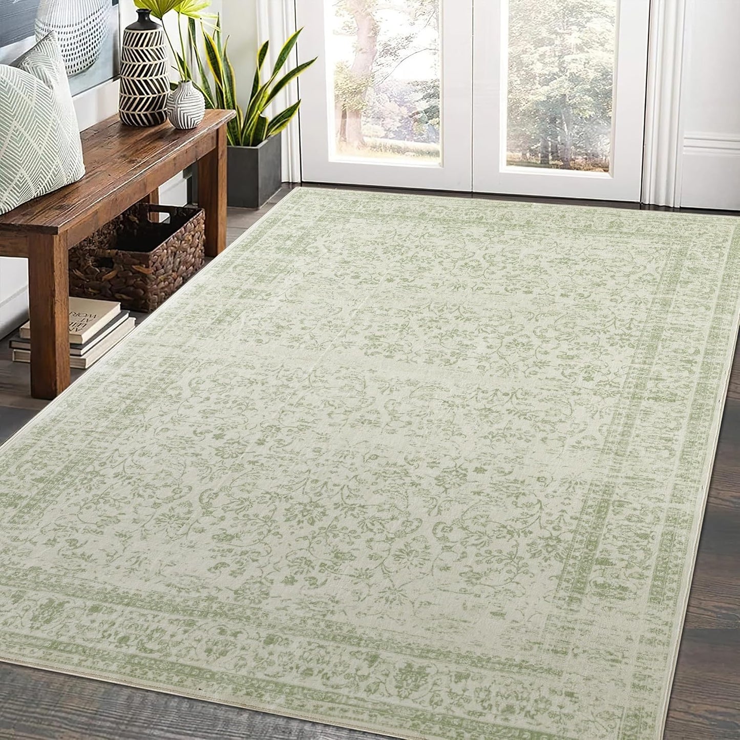 Sage Green Boho Front Door Mat for Vintage Floral Aesthetic