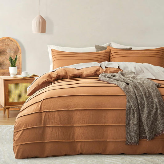 Pumpkin Brown Duvet Cover King Size - Pleated Bedding Set