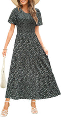 Maggeer Womens Smocked Floral Maxi Dress - Flowy Short Sleeve