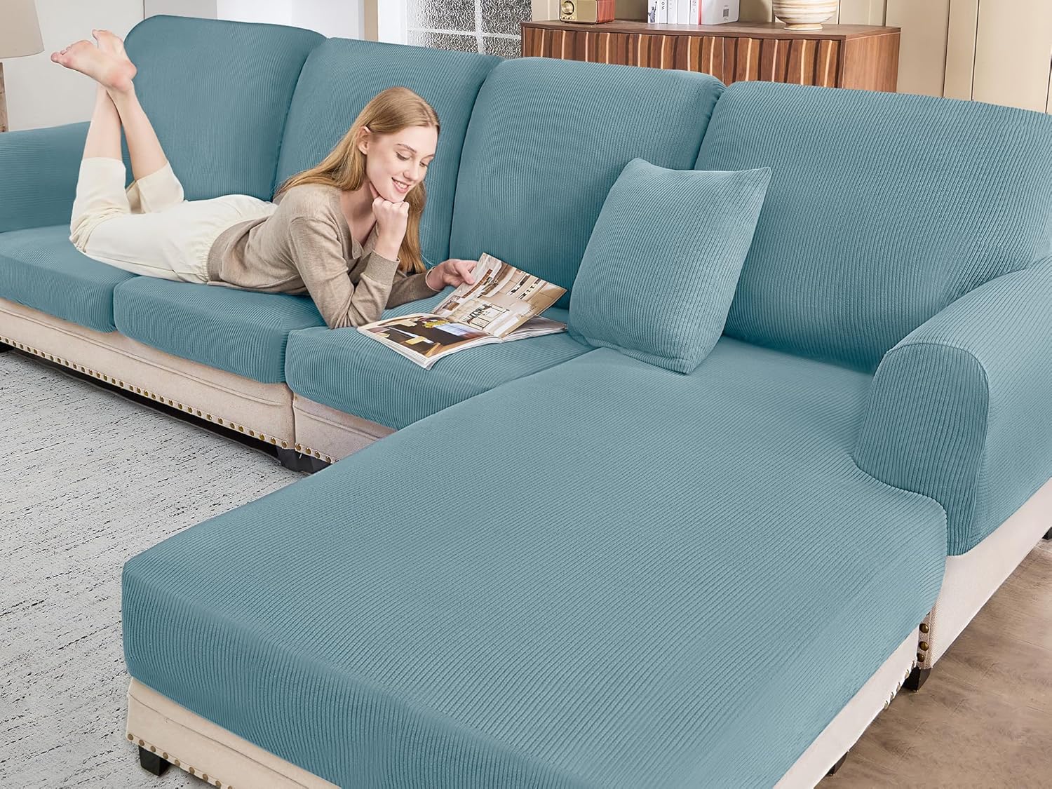 L Shaped Couch Cover Set for Sofa Cushion with Pillowcases