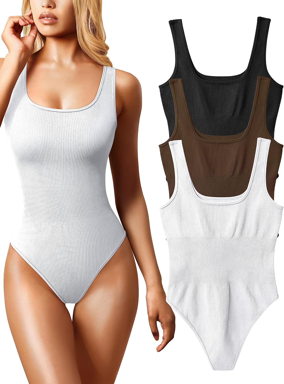 OQQ Women's 3 Piece Bodysuits Sexy Ribbed Sleeveless Tops