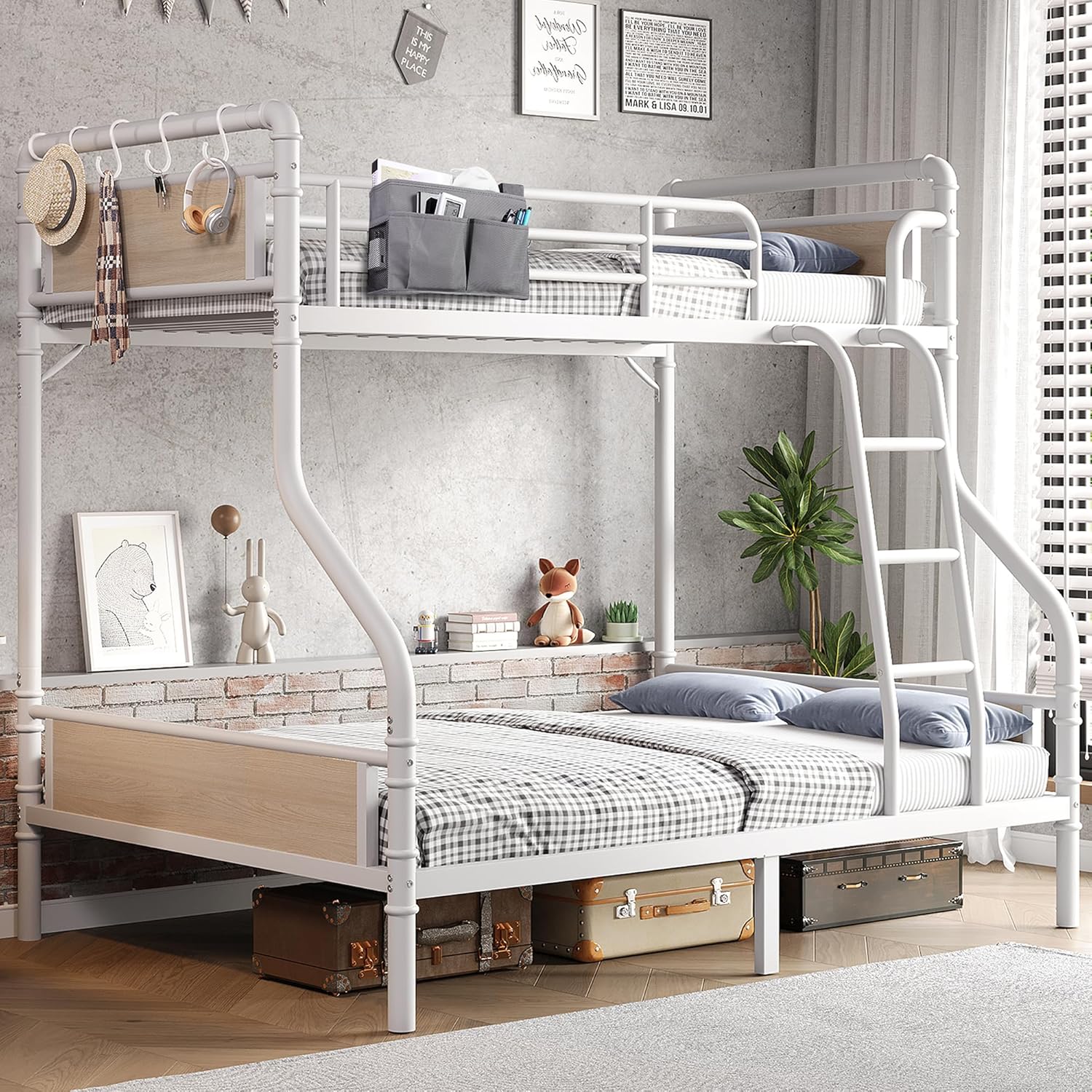 Metal Bunk Bed Twin Over Full with Safety Guard Rails and Storage