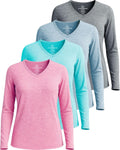 Women's Long Sleeve Dry Fit V-Neck 4-Pack - Lightweight Active Tops