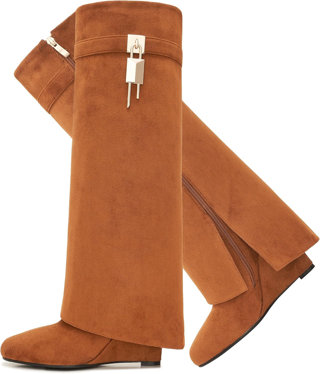 Fold Over Boots for Women Pointy Pull-on Wedge Heel Knee Shark Boot