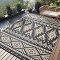 Outdoor Rug Waterproof 9x12 ft Reversible Black & Beige - Boho Patio