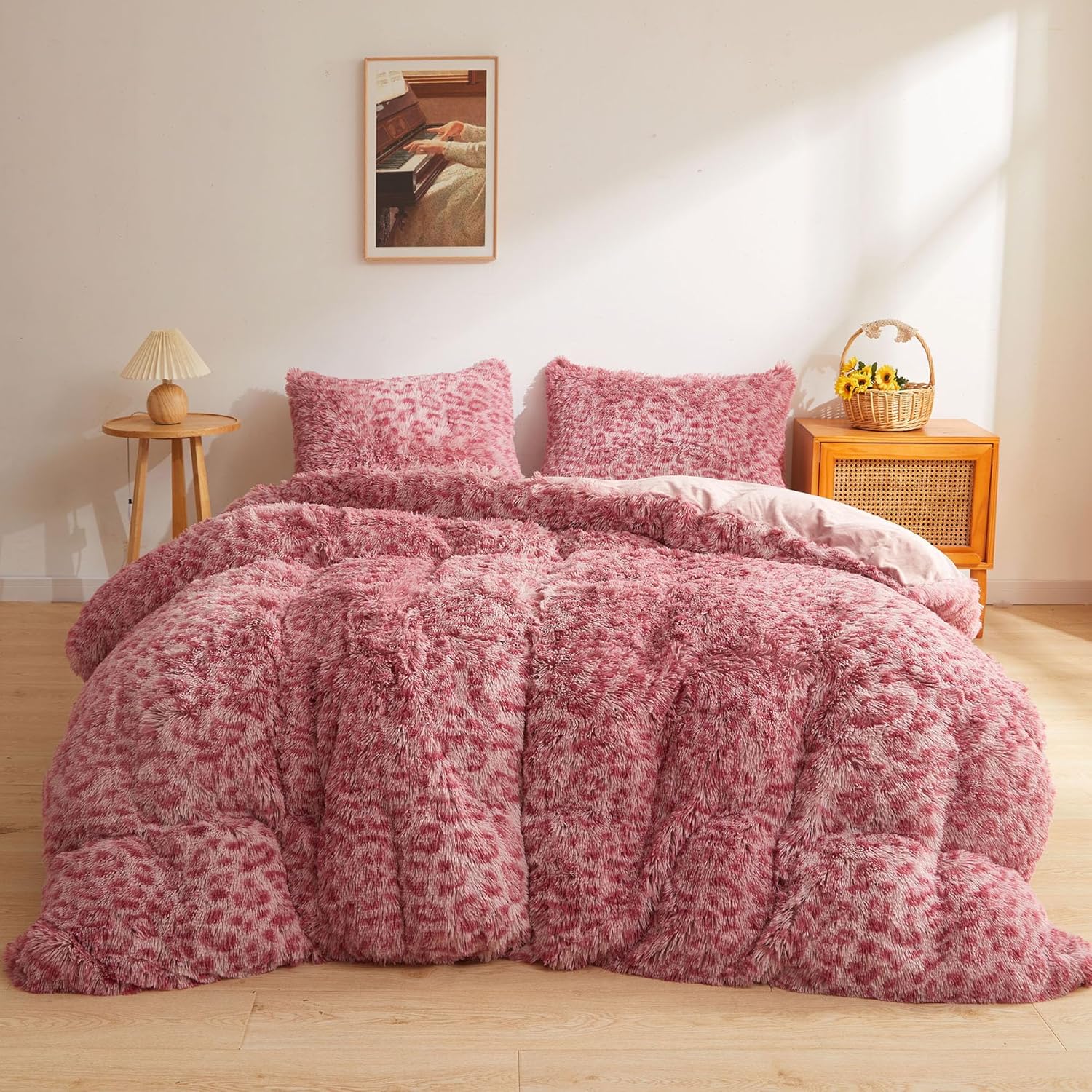 Fluffy Faux Fur Duvet Cover Set with Cheetah Print for Cozy Bedding