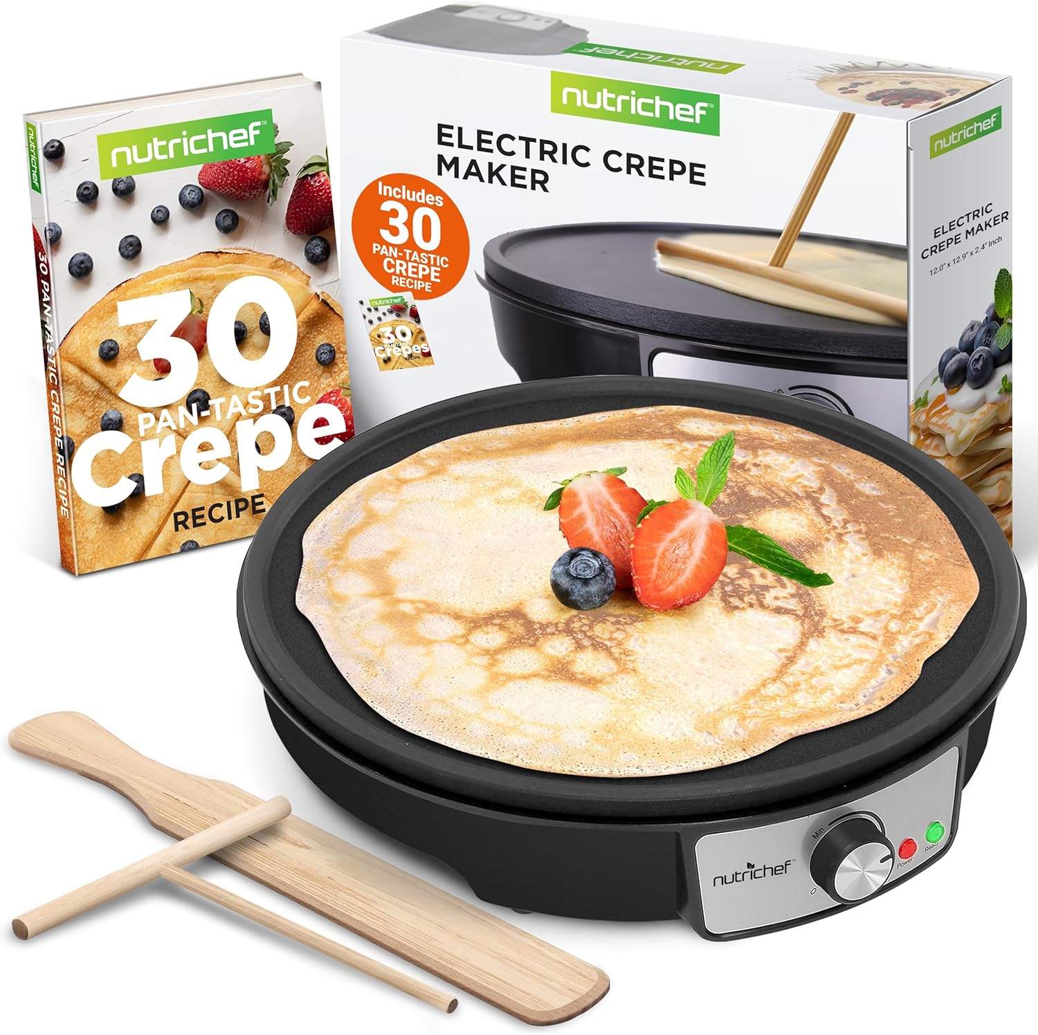 NutriChef 12 Electric Crepe Maker - Nonstick, Adjustable Temp Control