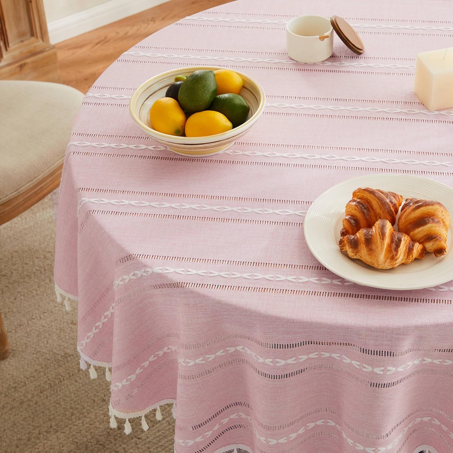 ZeeMart Hemstitched Embroidery Striped Boho Tablecloth 60 Inch