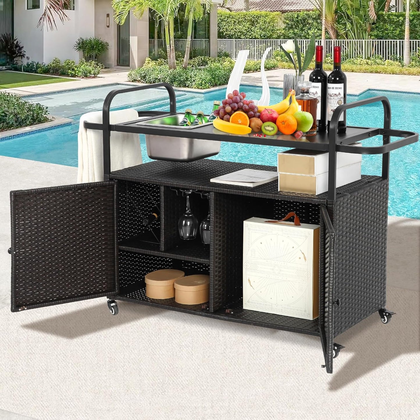 Wicker Outdoor Bar Cart with Ice Bucket for Patio and Garden