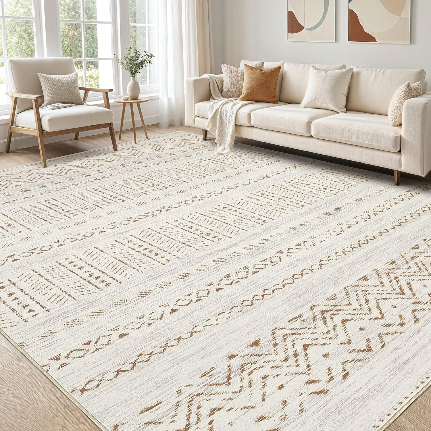 Large Living Room Area Rug 9x12: Soft Boho Moroccan Design