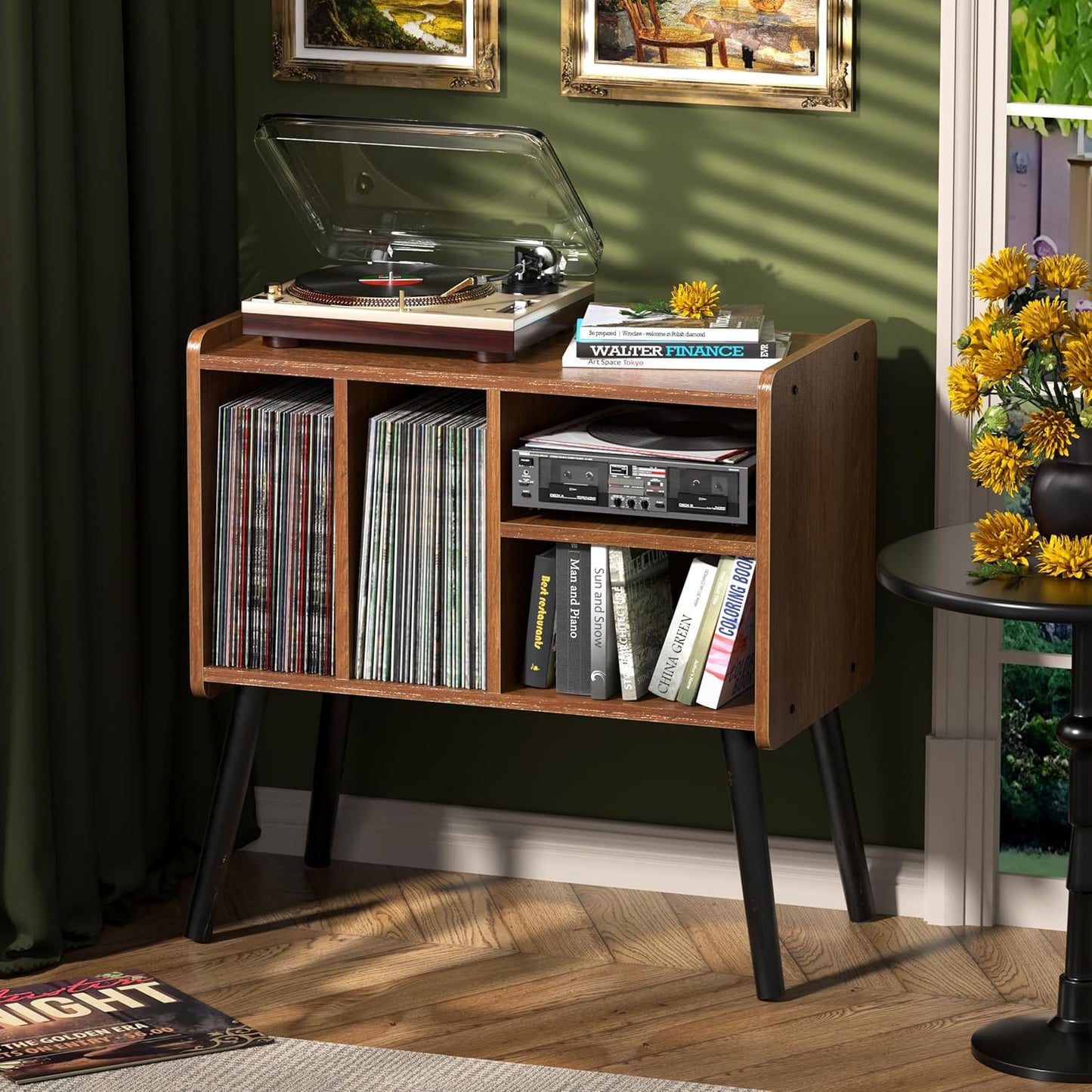Mid-Century Record Player Stand with Vinyl Storage for 150+ Albums