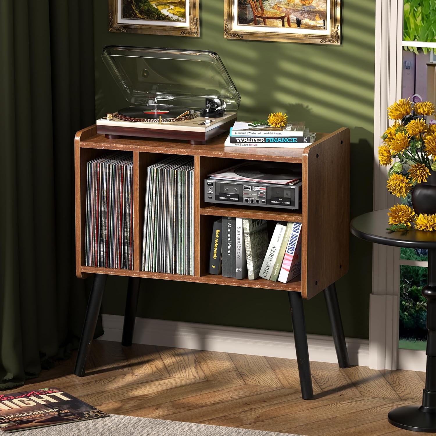 Mid-Century Record Player Stand with Vinyl Storage for 150+ Albums