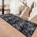 Tie-Dyed Runner Rug for Bedroom Black Grey 3x10ft - Soft Fluffy Runner