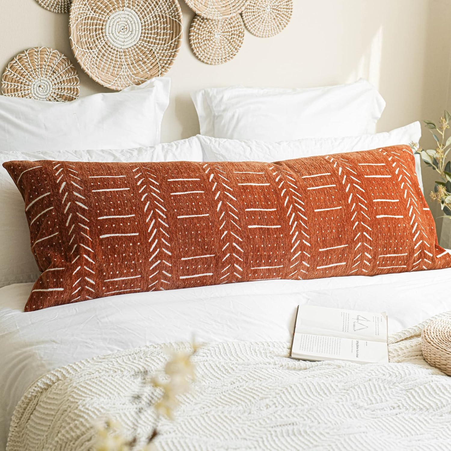 Fall Brick Red Soft Chenille Boho Body Pillow Cover for Home