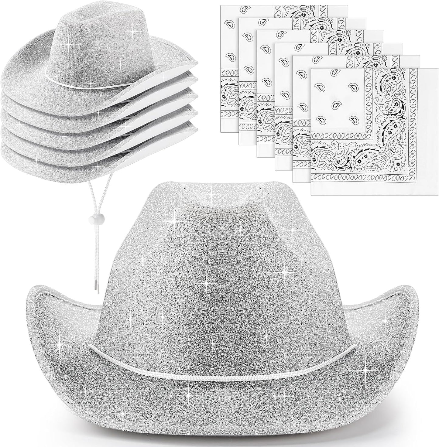 12 Pcs Sparkly Cowboy Hats and Bandanas for Western Parties