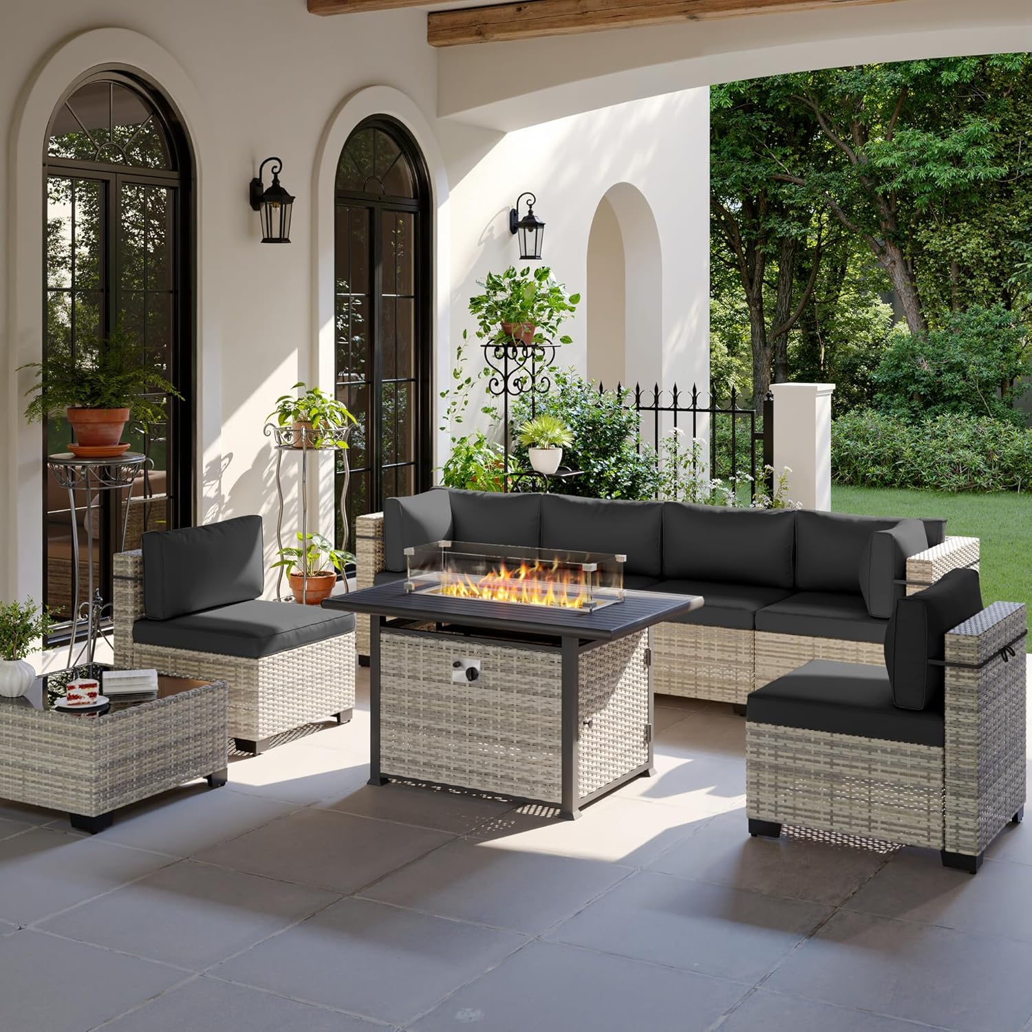 8-Piece Modern Patio Conversation Set with Fire Pit Table
