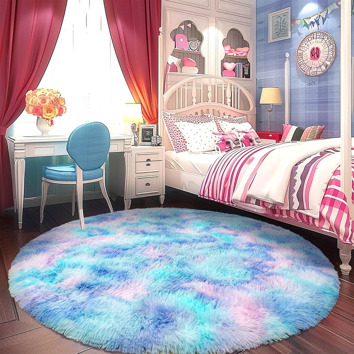 Round Fluffy 5FT Tie-dye Blue Soft Circle Rug for Kids Room