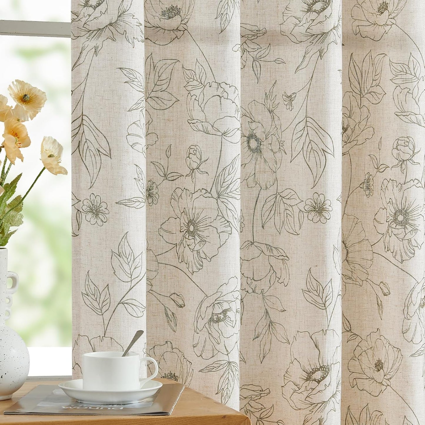 Floral Linen Curtains for Living Room 96 Inch Length Green Flower