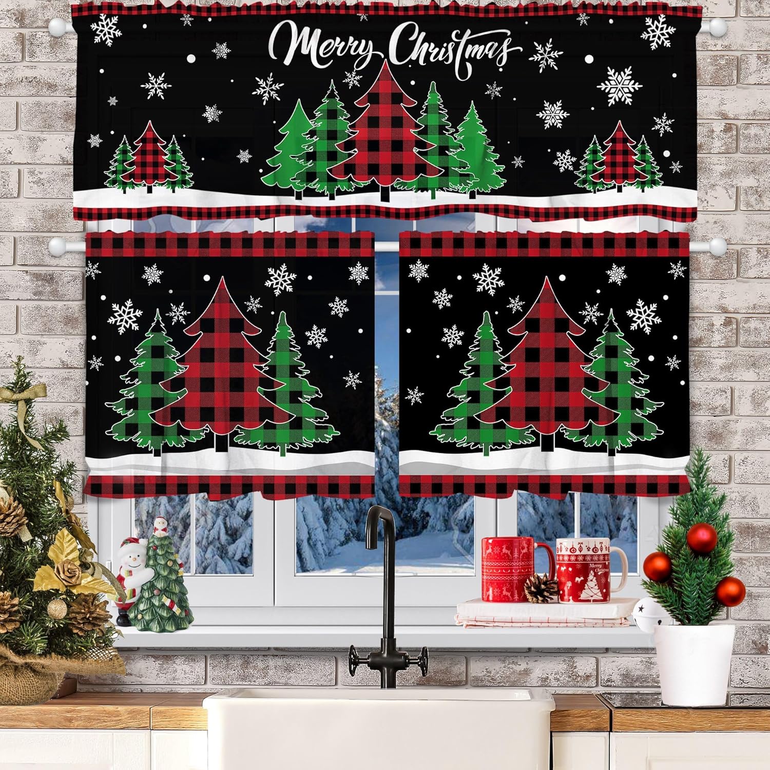Christmas Tree Kitchen Curtains Set - Festive Decor