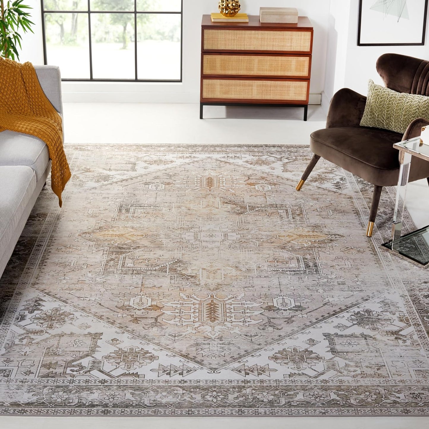 SAFAVIEH Washable Rug Tucson Collection - 10ft Square, Beige & Grey
