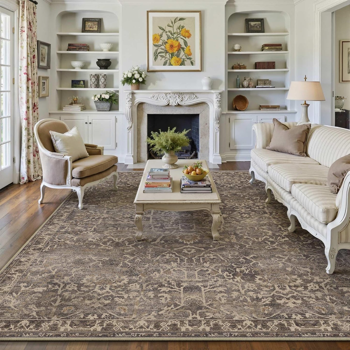 Retro Brown Area Rug 8x10 Machine Washable for Living Room