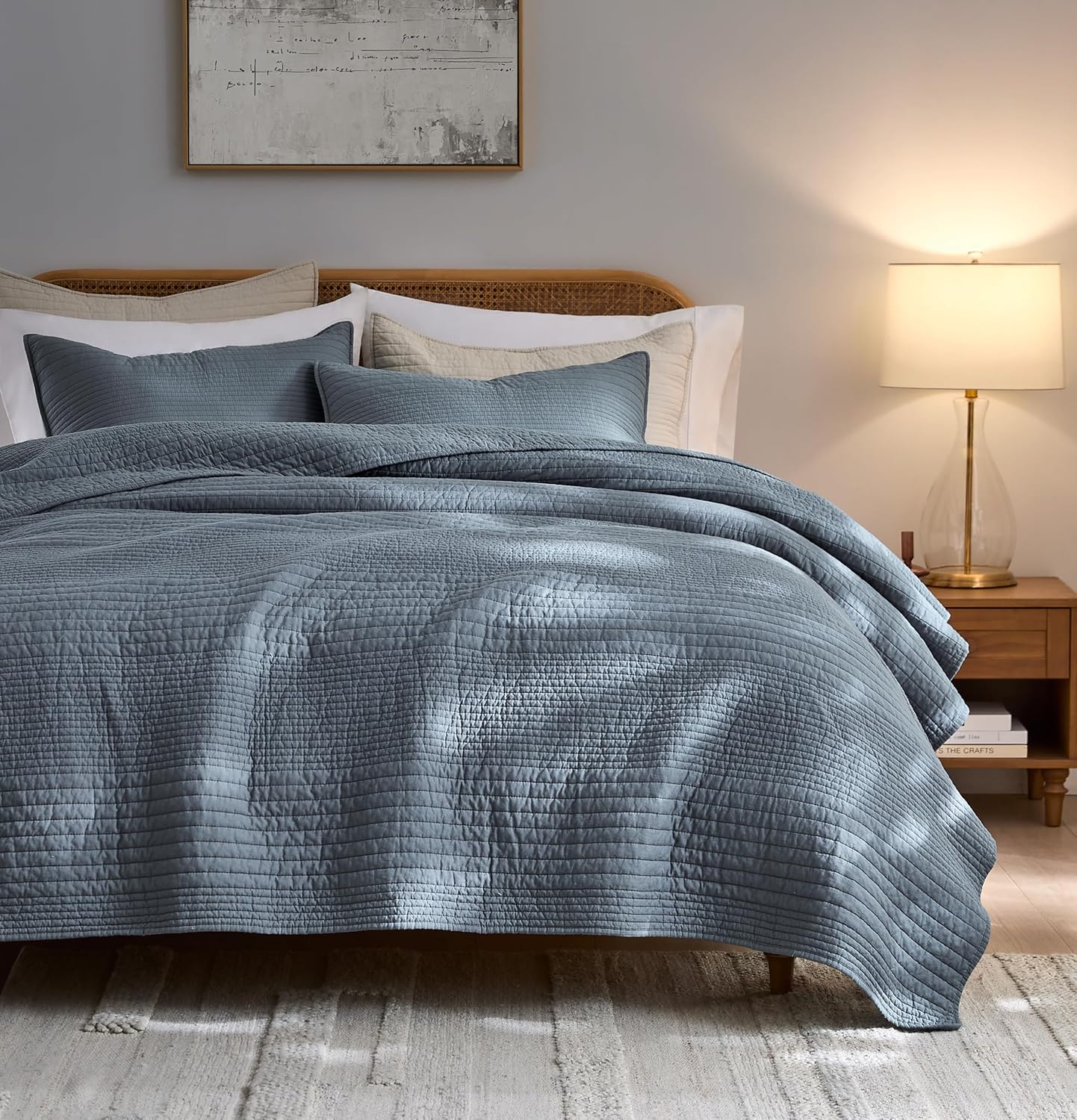 Palassio Striped Blue Grey Cotton Quilt Twin Size Bedding Set