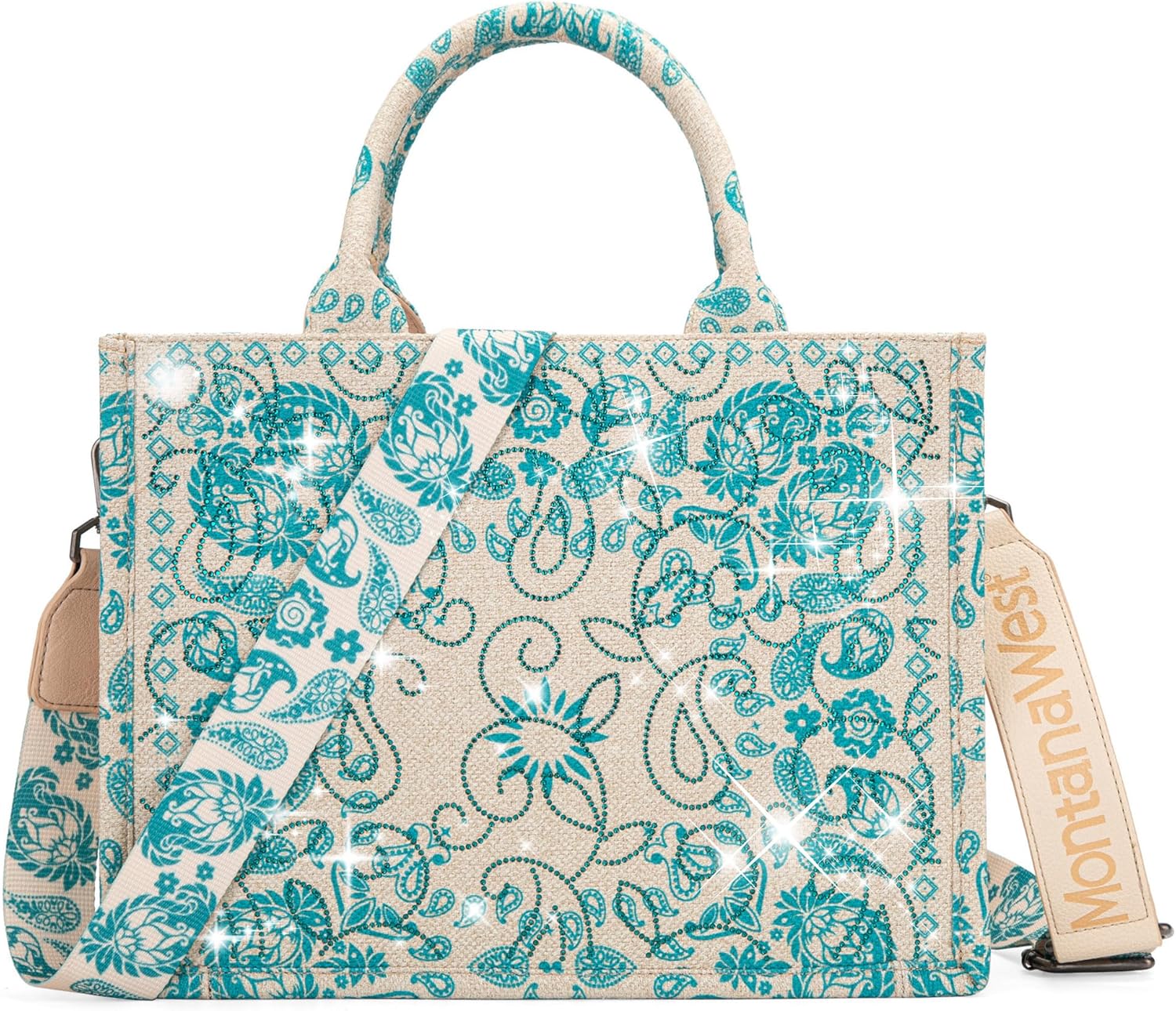 Montana West Sparkly Tote Bag with Paisley Top Handle Design