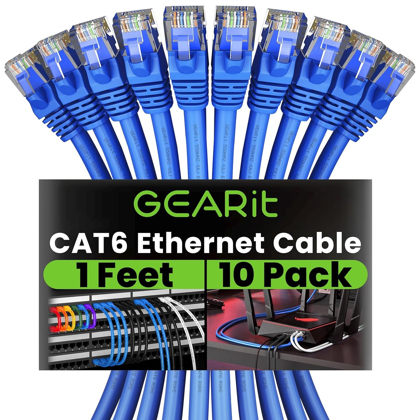10-Pack 1ft Cat6 Ethernet Cable: 10Gbps Speeds, Snagless, Gold-Plated, Versatile Connectivity
