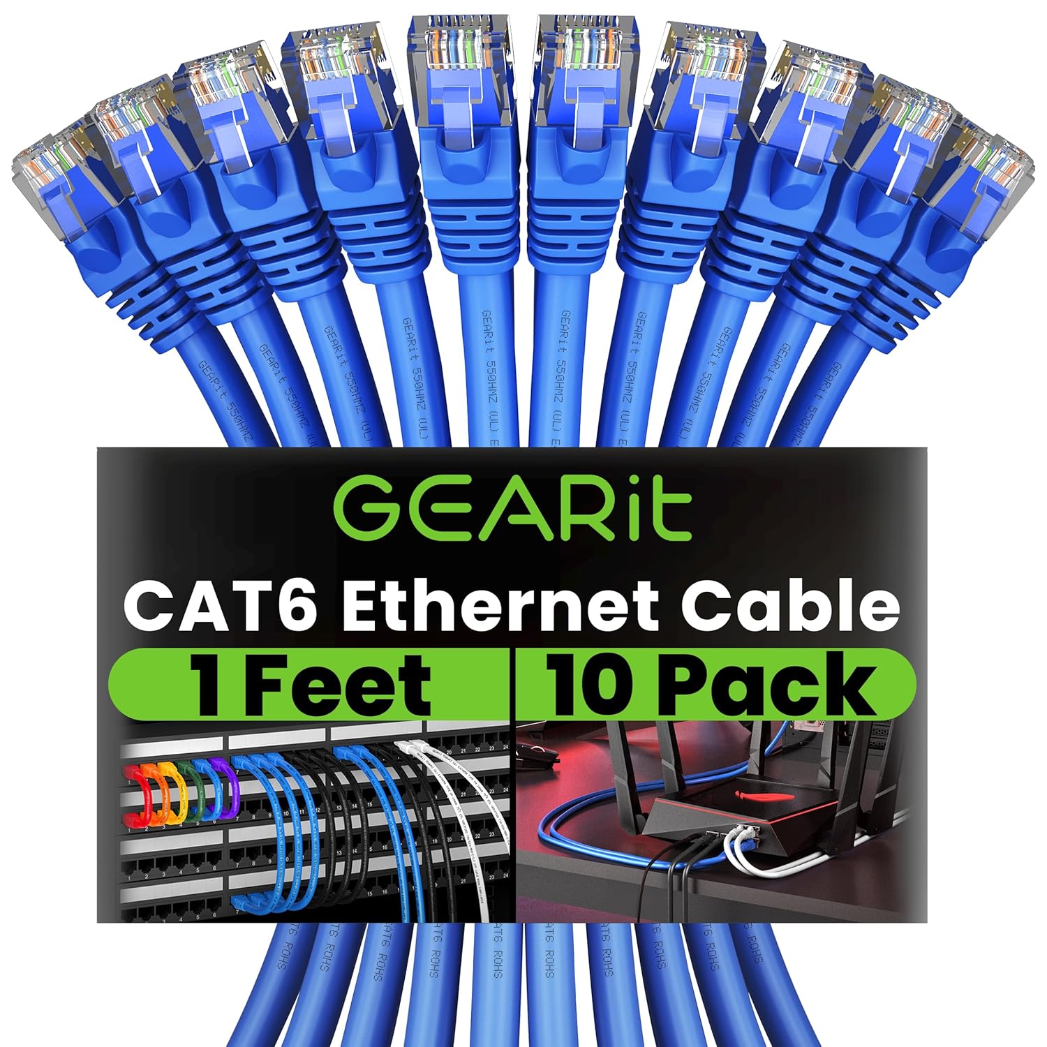10-Pack 1ft Cat6 Ethernet Cable: 10Gbps Speeds, Snagless, Gold-Plated, Versatile Connectivity