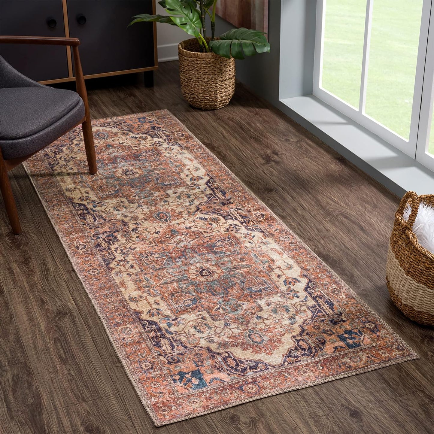 Bloom Rugs Washable 12 ft Runner - Stylish Beige/Terracotta Design