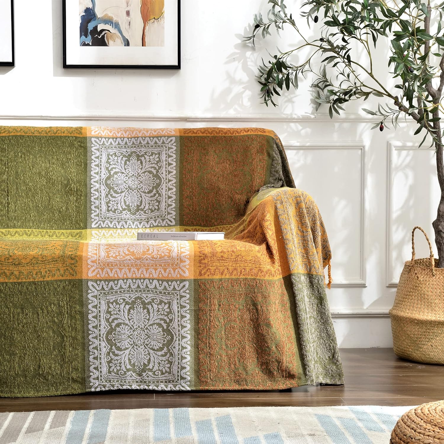 Boho Couch Cover for Sofa and Bed - Stylish Green Throw Blanket
